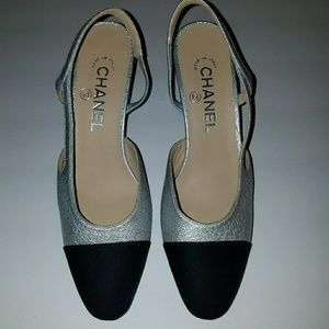 CHANEL Metallic Silver and Black Slingback Sz 36.5